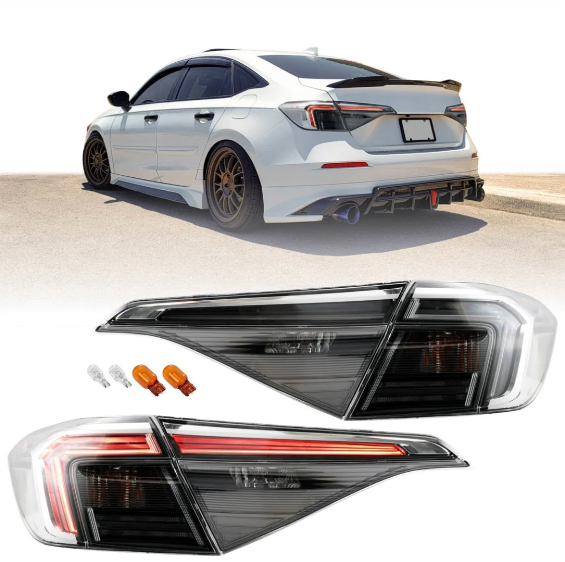 2022-2025 Honda Civic 4D Sedan OE Style Black Housing All Clear Lens With Built In Red LED Bars 4PC Tail Lights