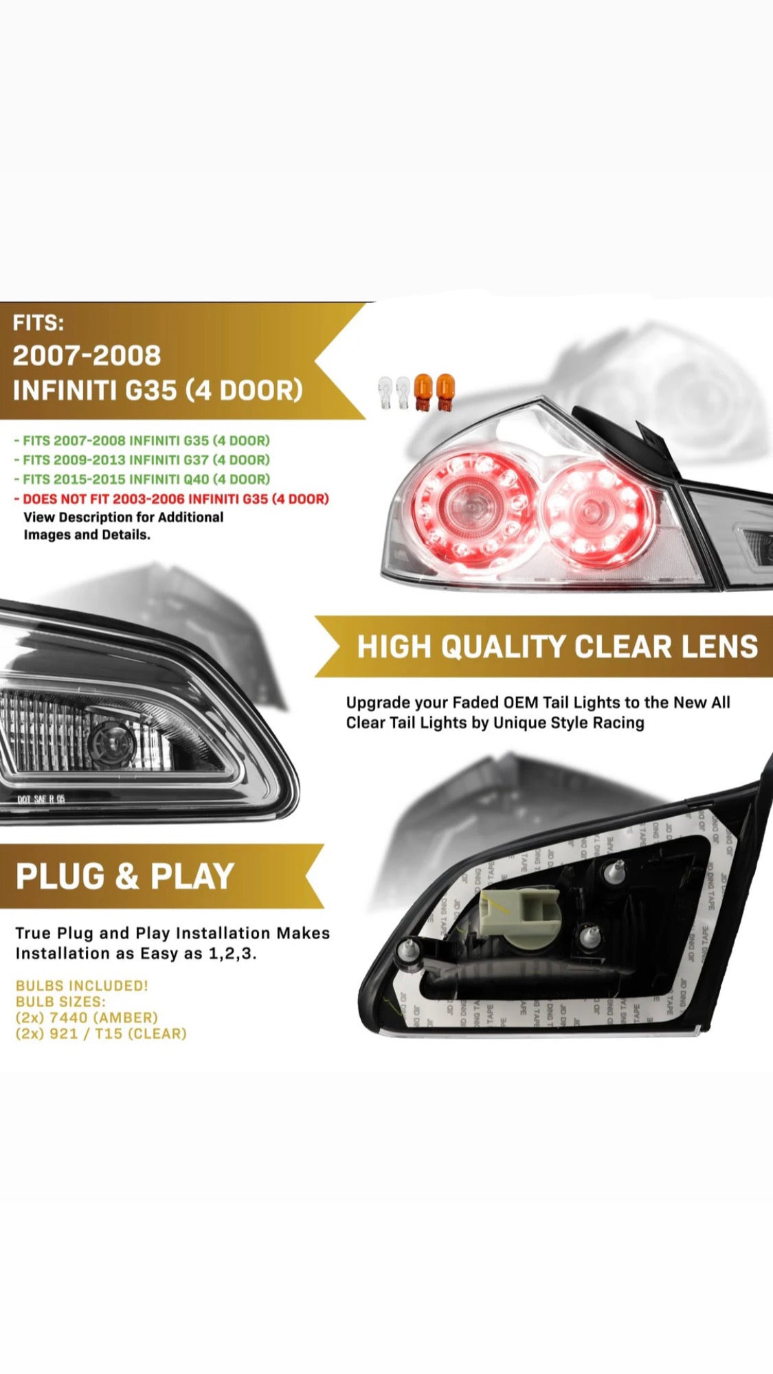 2007-2013 Infiniti G35 4D, 2009-2013 G37 4D & 2015 Q40 4D Sedan All Clear Lens LED Tail Lights