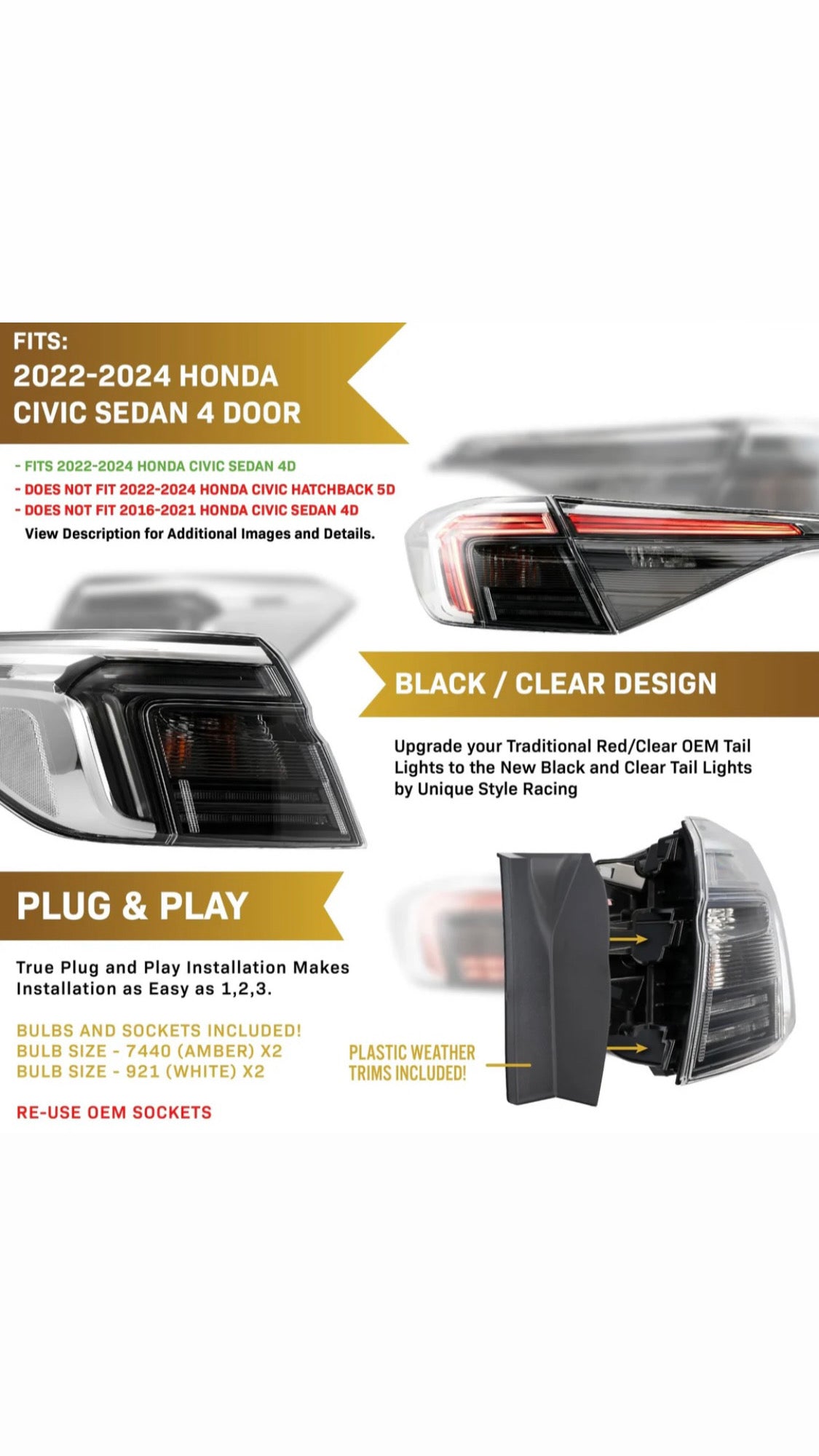 2022-2025 Honda Civic 4D Sedan OE Style Black Housing All Clear Lens With Built In Red LED Bars 4PC Tail Lights