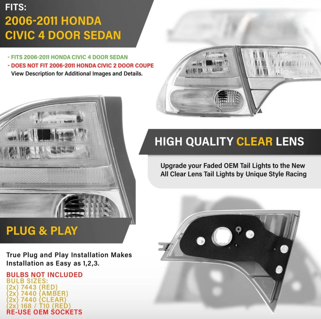 2006-2011 Honda Civic 4D Sedan Euro Spec 4PC All Clear Tail Lights