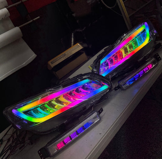 Complete set of custom headlights and fog lights for the 2013-2017 Honda Accord.