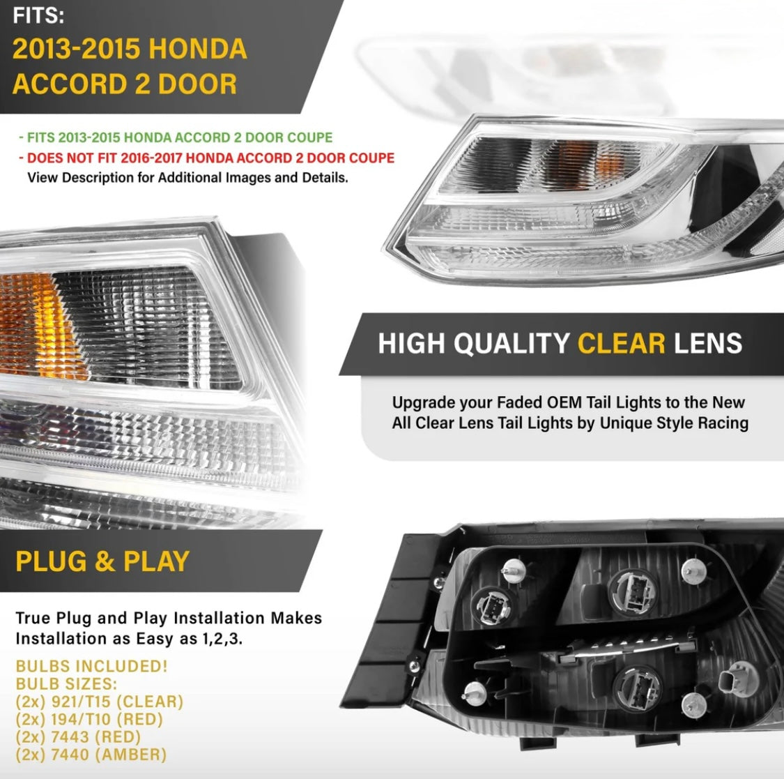 2013-2015 Honda Accord 2D Coupe All Clear Lens Tail Light