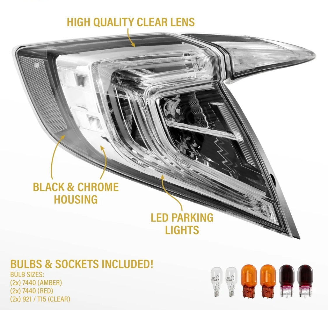 2016-2021 Honda Civic 4D Sedan All Clear Lens Built In Red LED Bars 4PC Tail Lights