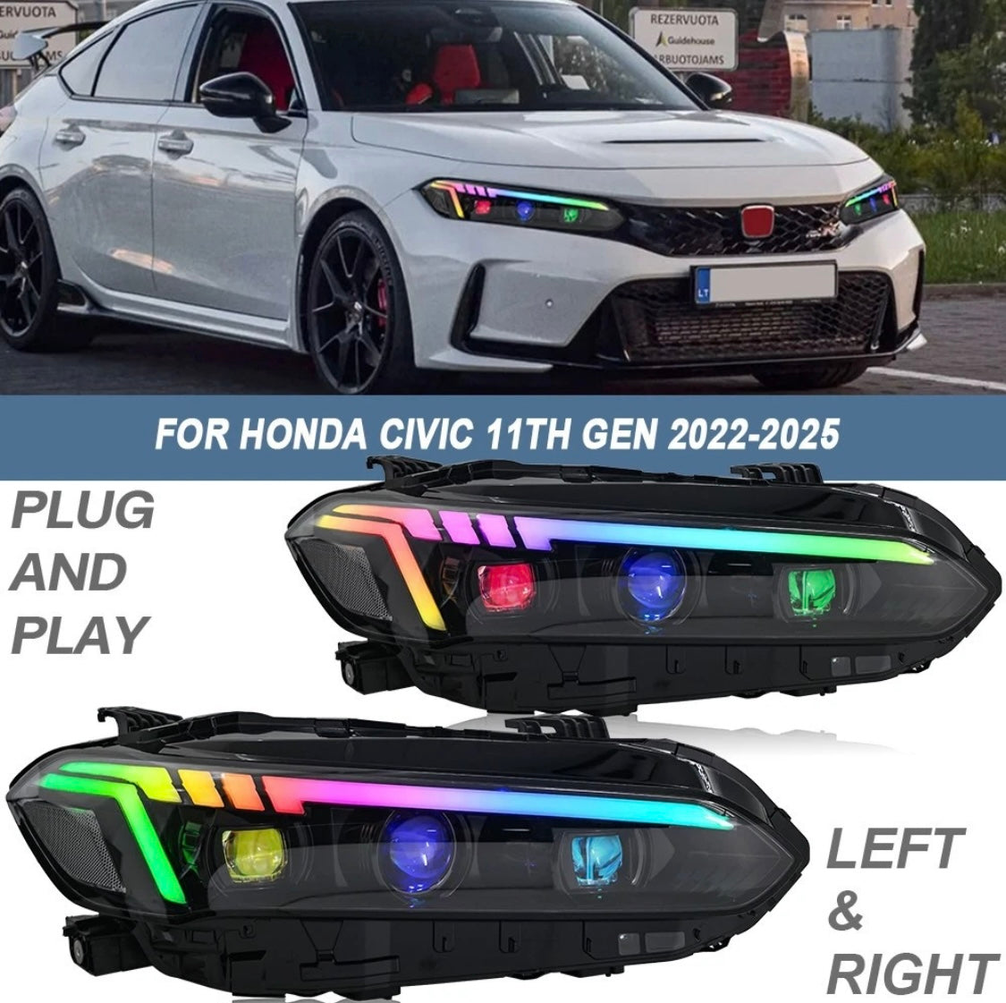 Pair RGB LED Headlights For Honda Civic 11th Gen 2022-2025 Front Lamp Sequential