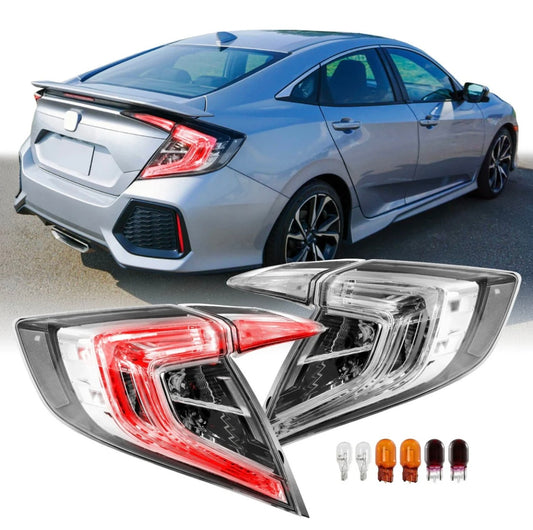 2016-2021 Honda Civic 4D Sedan All Clear Lens Built In Red LED Bars 4PC Tail Lights