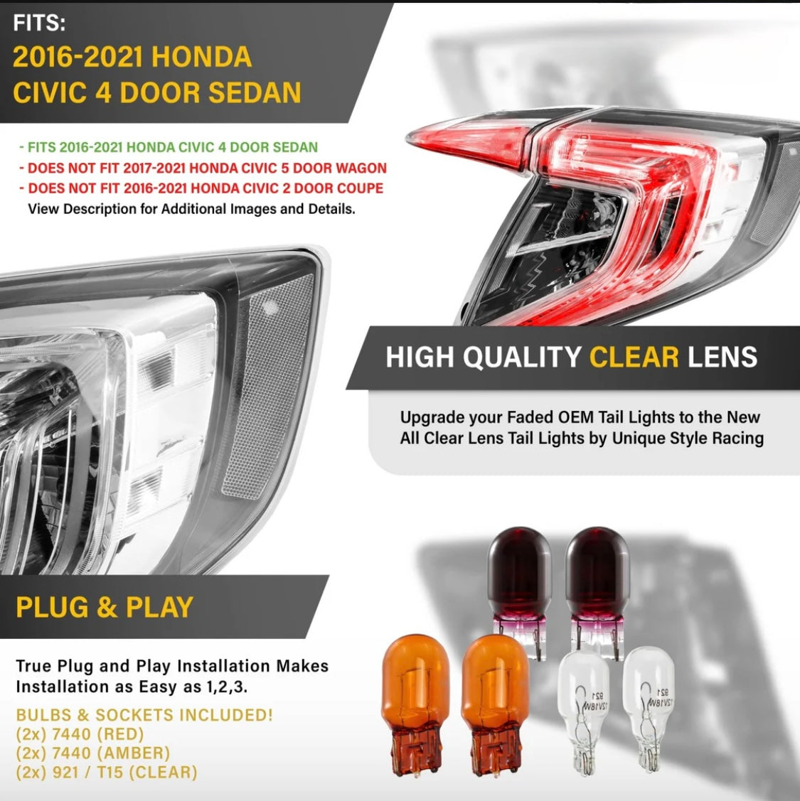 2016-2021 Honda Civic 4D Sedan All Clear Lens Built In Red LED Bars 4PC Tail Lights