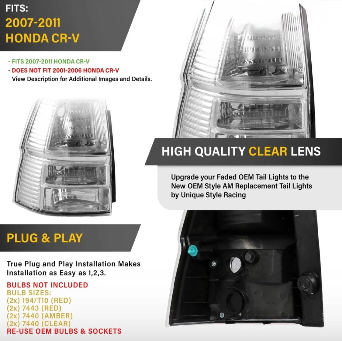 2007-2011 Honda CR-V CRV 4D SUV All Clear Lens Tail Lights
