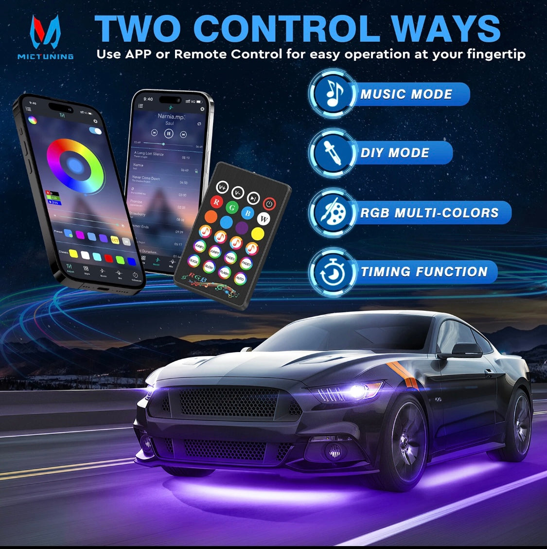 RGB LED Strip Under Car Tube Underglow Lights Kit + APP Bluetooth Remote Control