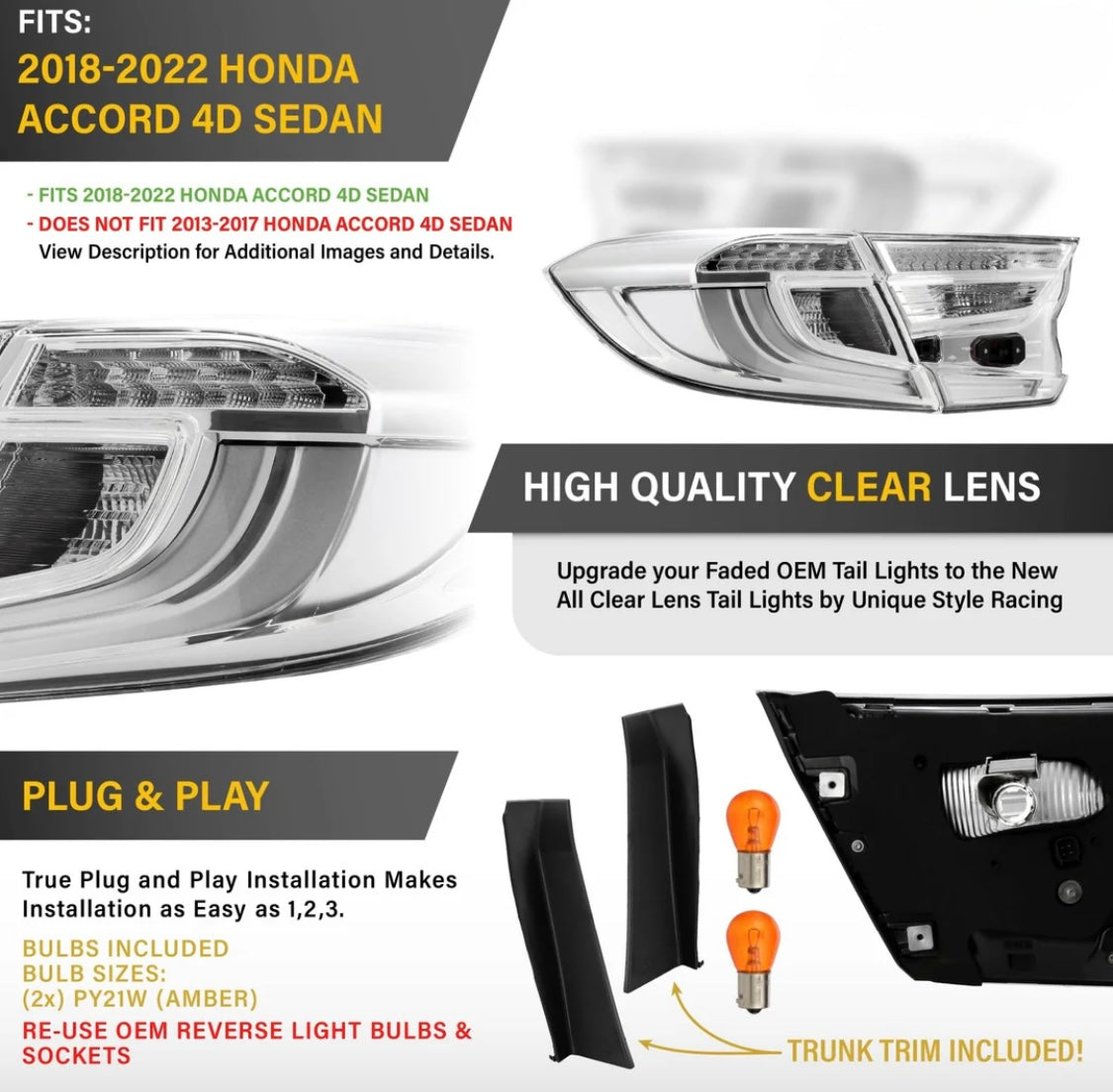 2018-2022 Honda Accord 4D Sedan All Clear Lens 4PC LED Tail Lights