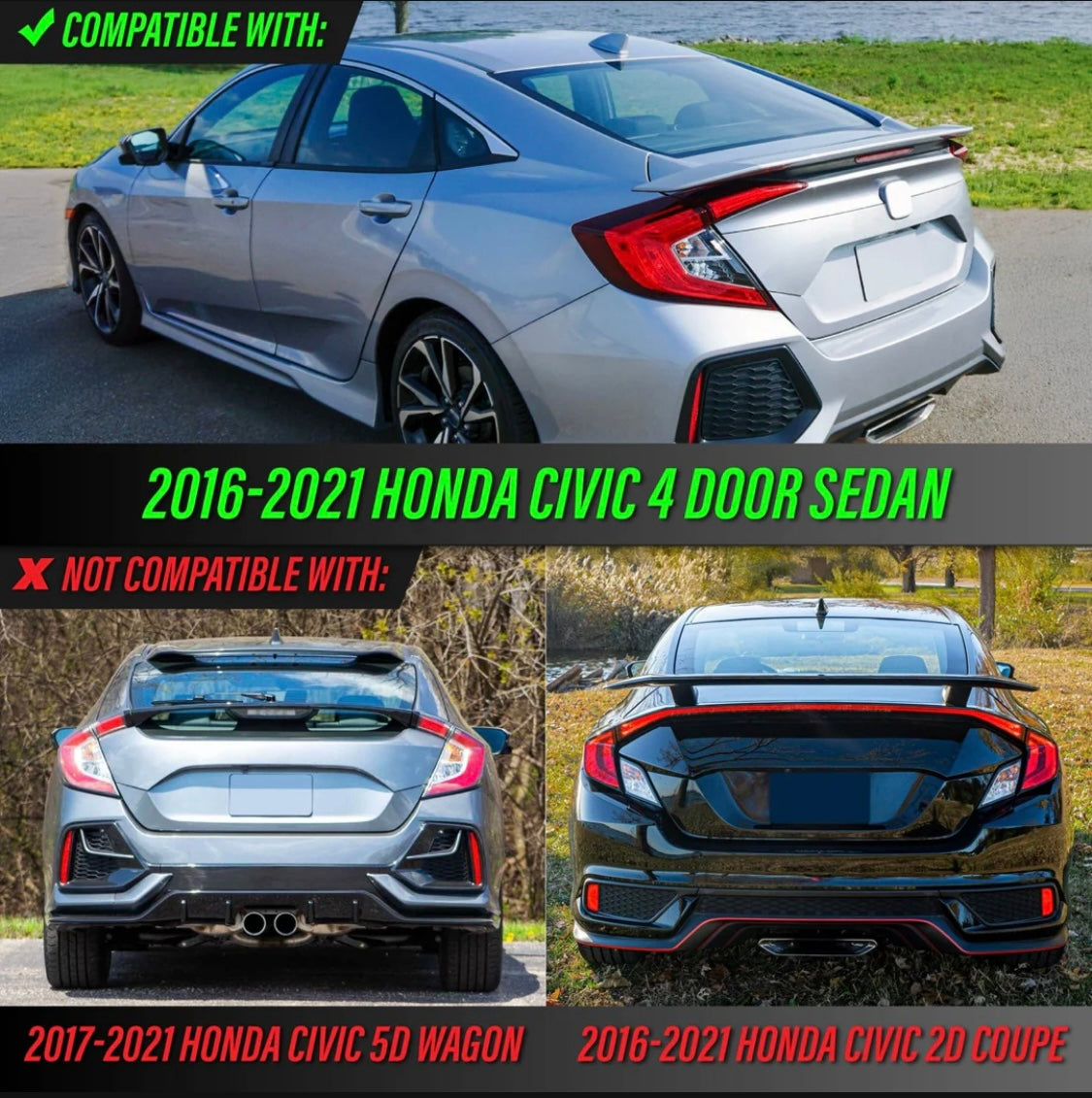 2016-2021 Honda Civic 4D Sedan All Clear Lens Built In Red LED Bars 4PC Tail Lights