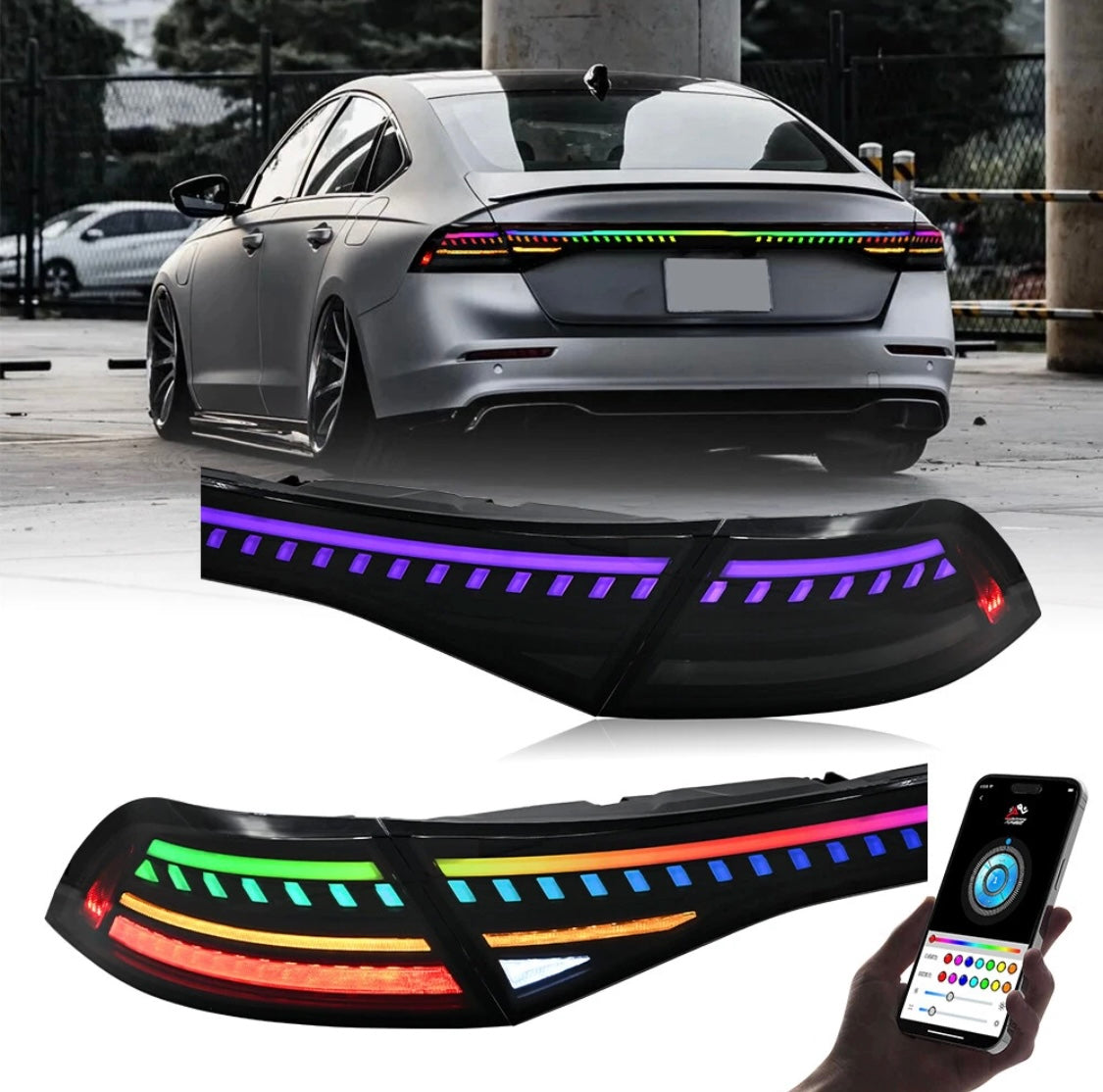 Set of RGB LED taillights + central light for Honda Accord 2023-2025 with sequential turn signals.