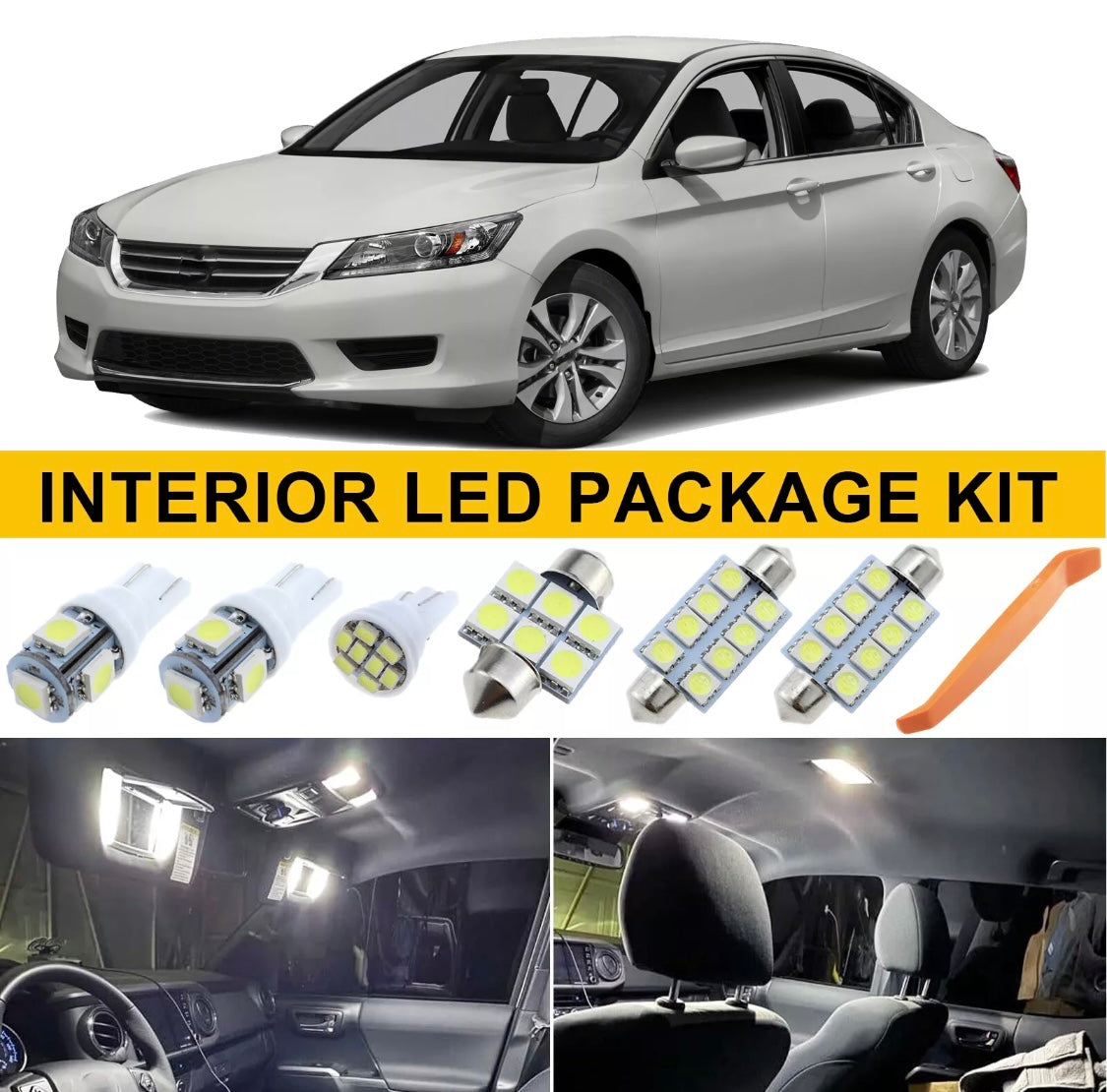 White LED Interior Lights Reverse Package Kit + Tool for Honda Accord 2013-2017