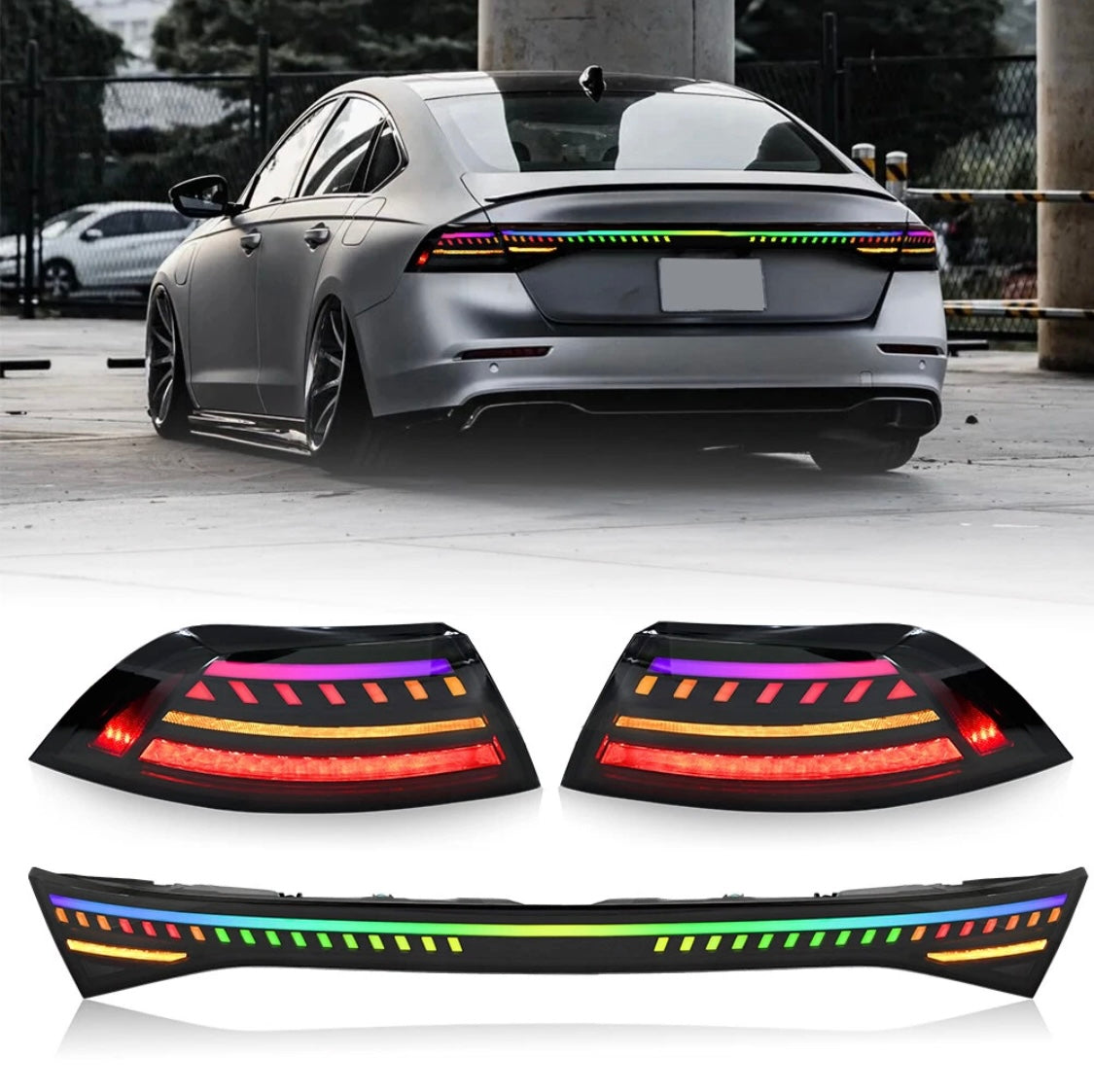 Set of RGB LED taillights + central light for Honda Accord 2023-2025 with sequential turn signals.