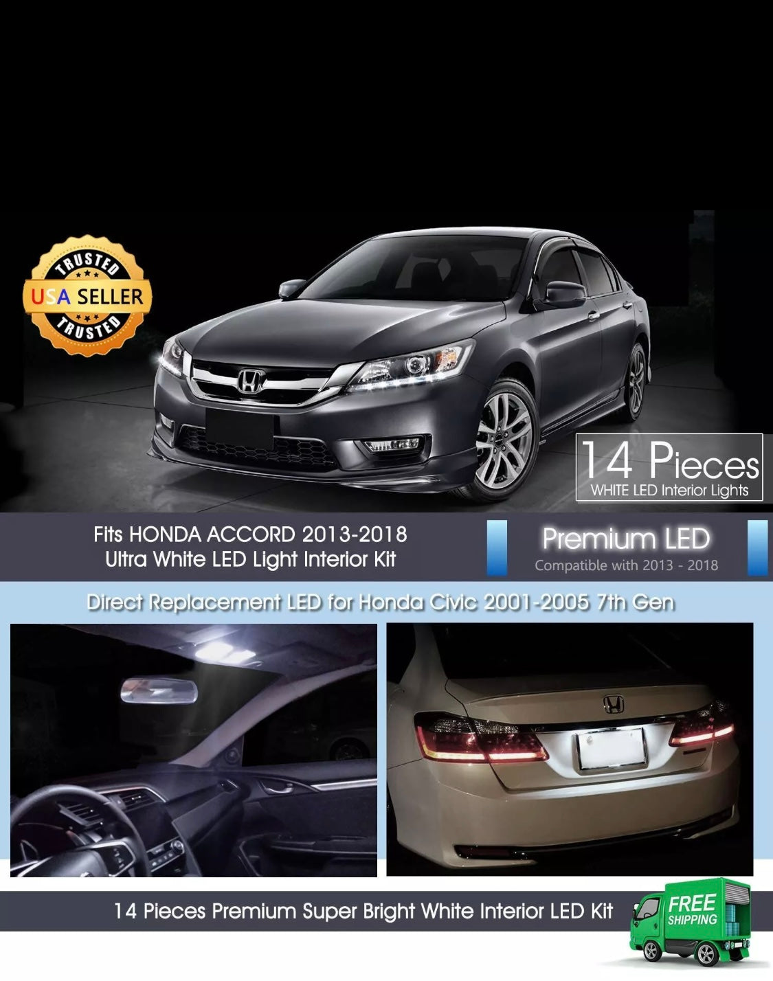 White LED Interior Lights Reverse Package Kit + Tool for Honda Accord 2013-2017