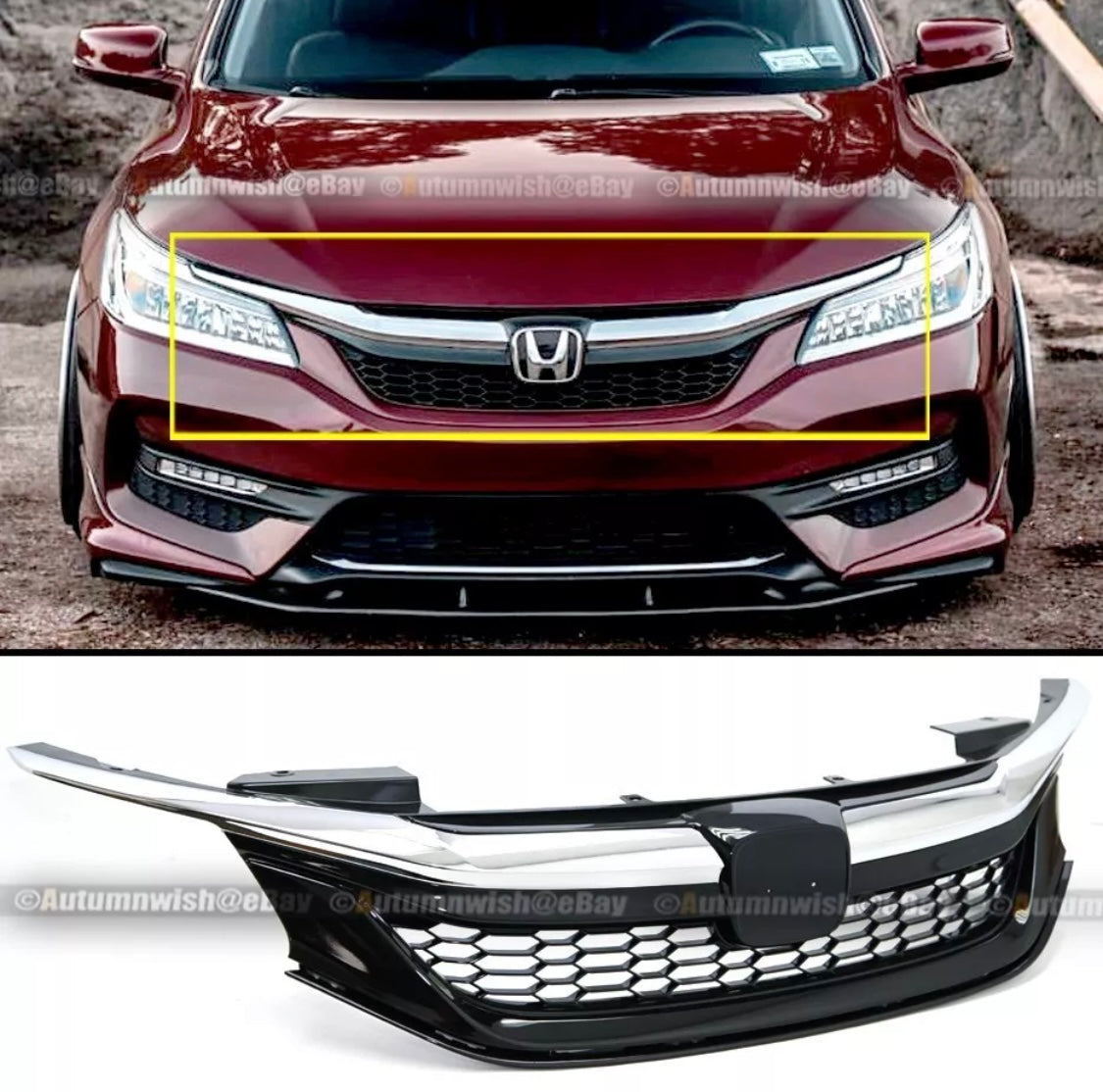For 2016-2017 9th Gen Honda Accord Sedan Chrome Black JDM Sport Style Front Grille