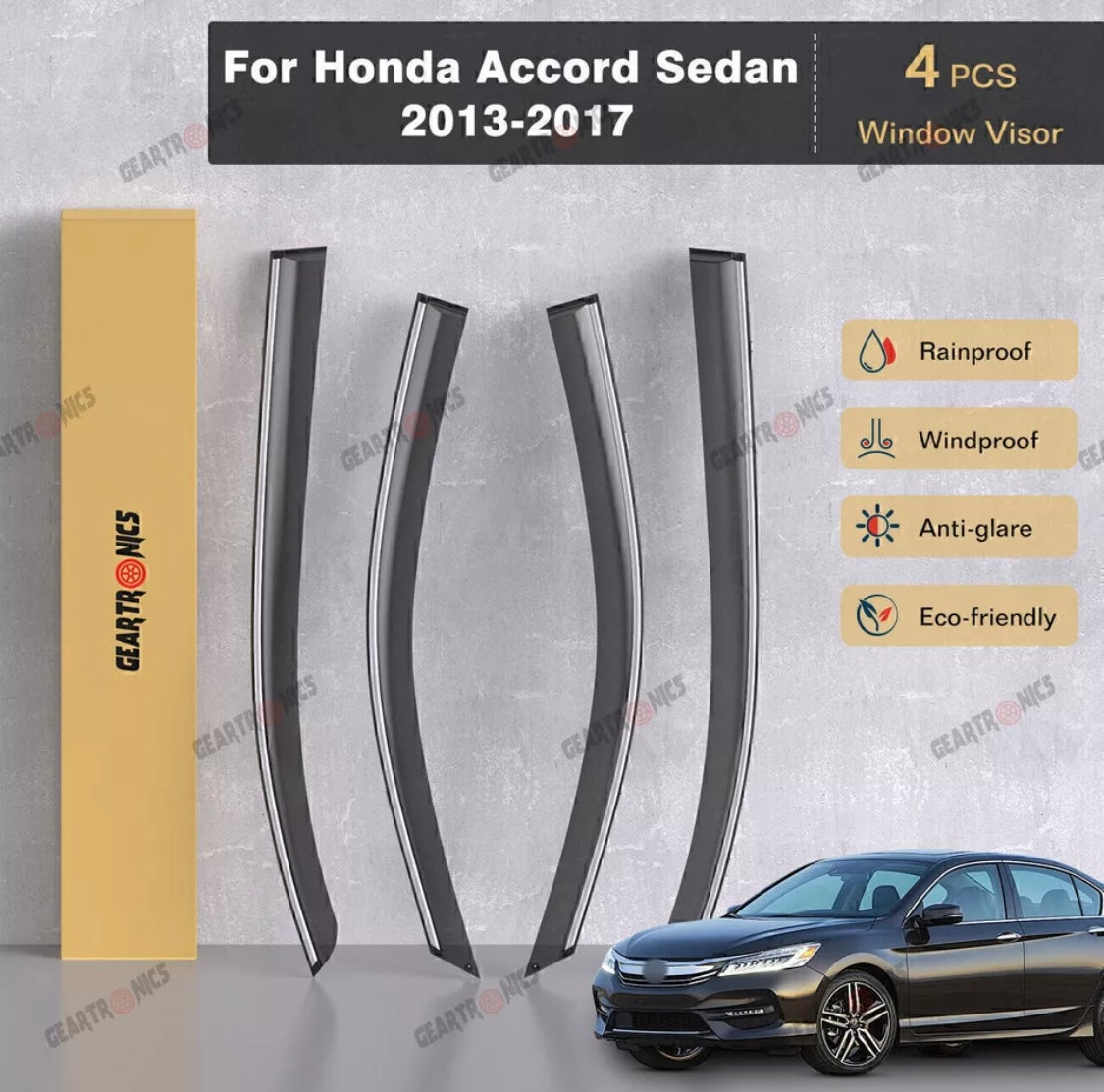 For 2013-2017 Honda Accord Sedan Window Visor Vent Rain Guards w/ Chrome Trim